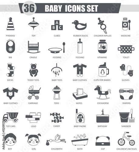 Vector Baby black icon set. Dark grey classic icon design for web.