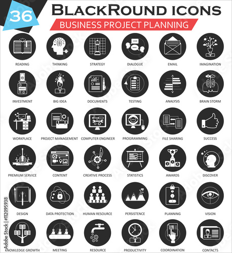Vector Business project planning circle white black icon set. Ultra modern icon design for web.