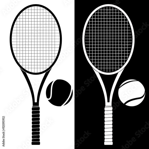 Tennis racket with ball. Black and white icon