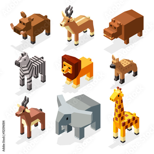 Isometric 3d african savannah animals flat vector stock. Mammal african elephant and hyena animal savannah. Creature wildlife deer animal in savannah area illustration