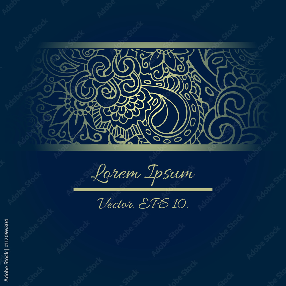 Elegant ornate and decorative template for special occasions and ceremonies. Laconic romantic squared patterns for invitation, cover, id cards and others. Deep blue and tender gold colours.