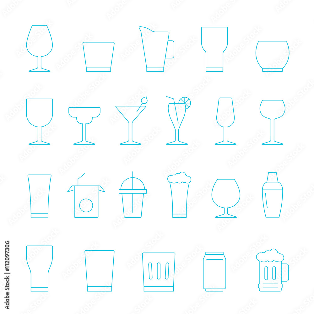 Thin lines icon set - glass and beverage