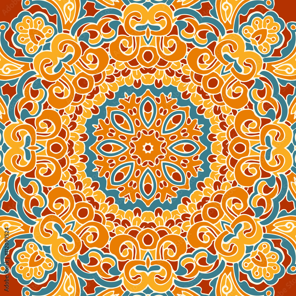 Bright sunny geometric pattern in doodle style. Square tiles, vector pattern in warm shades of yellow, amber, orange, red and blue. Print for fabric and paper, book covers and templates.