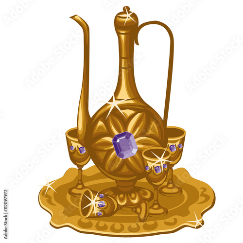 Golden jug, glasses and tray with amethysts
