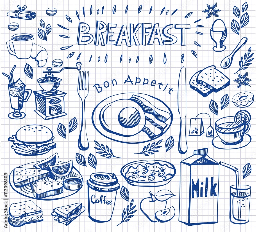 Hand drawn doodle breakfast set on squared paper - obrazy, fototapety, plakaty 
