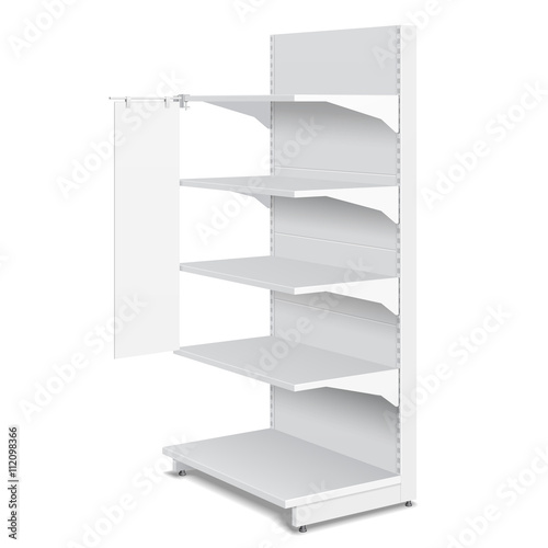 White Blank Empty Shelf Stopper Banner Showcase Displays With Retail Shelves Products 3D On White Background Isolated. Ready For Your Design. Product Packing. Vector EPS10
