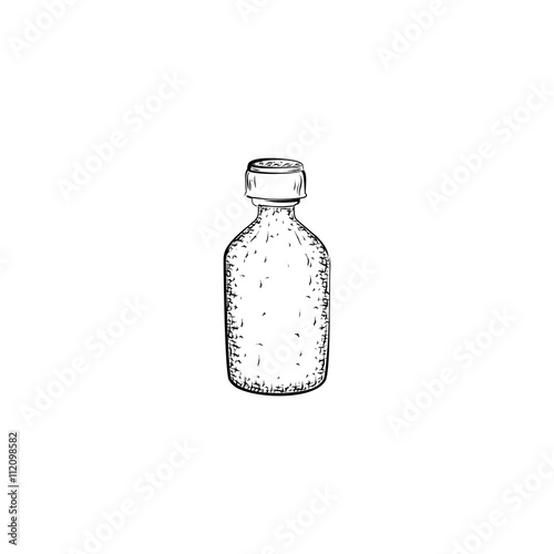 Hand drawn bottle. Container for mixture or product for care and hygiene. Detailed sketch of tincture isolated on white background.  Black and white pencil or ink drawing