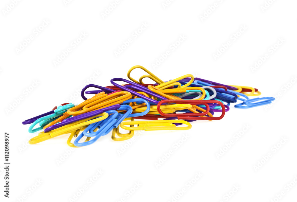 Bunch of colorful paper clips isolated on white background