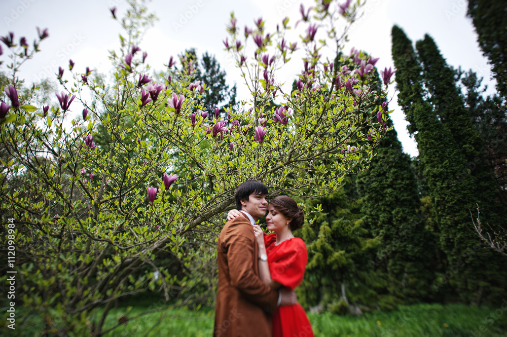 Couple hugging in love near magnolia tree. Stylish man at velvet Couple hugging in love near magnolia tree. Stylish man at velvet