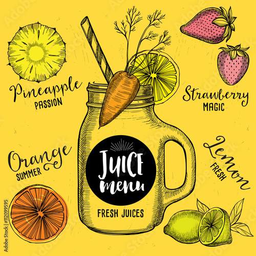 Juice menu placemat drink restaurant brochure, dessert template design. Vintage creative beverage template with hand-drawn graphic. Vector food menu flyer. Gourmet menu board.