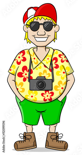 Cartoon Tourist mit Kamera, Sonnenbrille und bunten Hemd