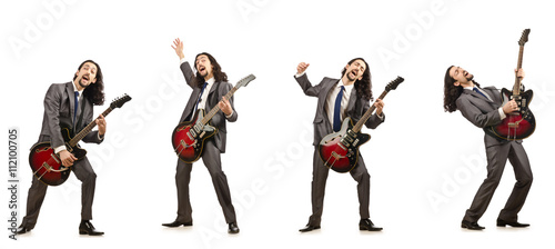 Funny guitar player isolated on white