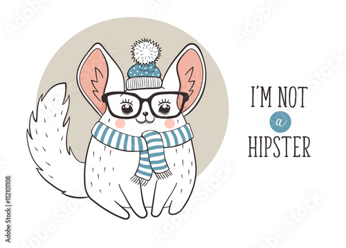 Hipster poster with cute cartoon chinchilla in glasses and scarf. I'm not a hipster text. Illustration of cartoon hipster animal isolated on white background.