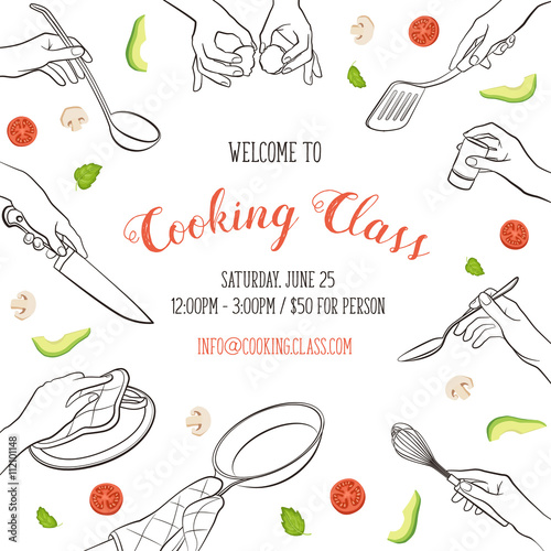 Cooking class flayer template. Cooking hands outlines isolated on white background. frame from woman hands holding kitchen items.