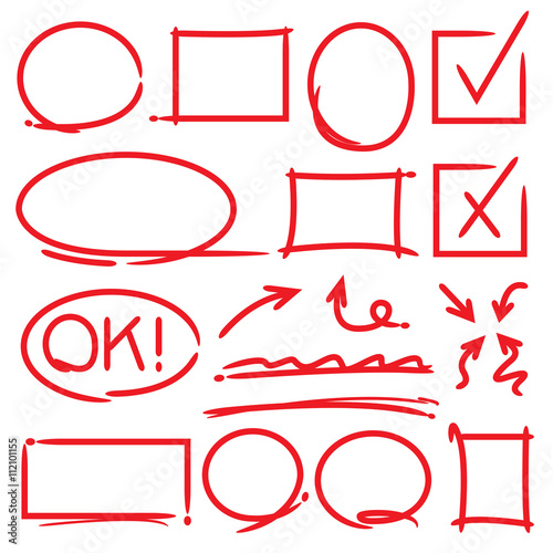red circles, check marks, arrows