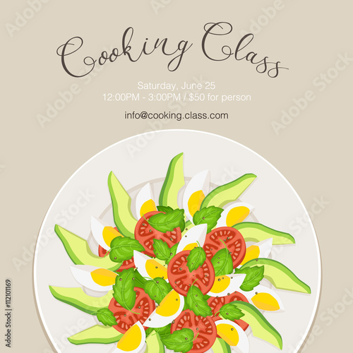 Cooking class flayer template. Fresh salad from avocado, tomatoes and eggs on white plate. Top view. Healthy food vector illustration with text.