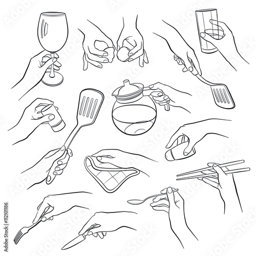 Cooking hands outlines isolated on white background. Woman hands holding kitchen items. Teapot, glass, knife, spoon, spatula, salt.
