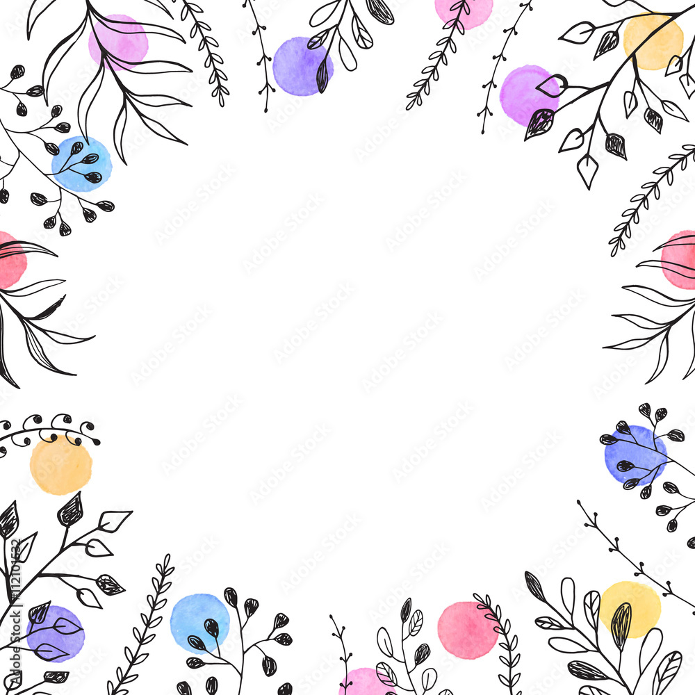 Greeting card template. Square frame from doodle branches and watercolor dots on white background. Hand drawn floral frame with copyspace. Greeting card template. Square frame from doodle branches and watercolor dots on white background. Hand drawn floral frame with copyspace.