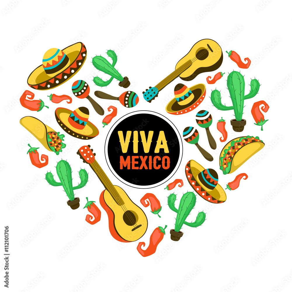 Naklejka premium Viva Mexico poster in heart shape. Mexican culture attributes collection. Guitar, sombrero, maracas, cactus and jalapeno isolated on white background.