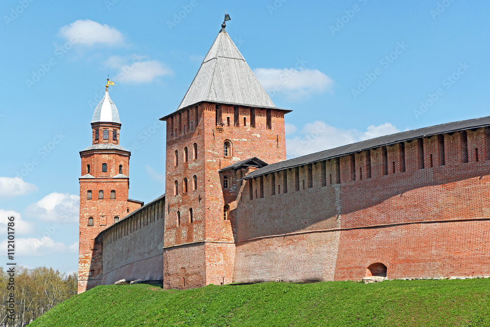 Old brick Kremlin walls and towers of Veliky Novgorod (Novgorod the Great), Russia