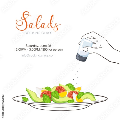 Cooking class flayer template. Fresh salad from avocado, tomatoes and eggs isolated on white background. Healthy food vector illustration with text. Hand holding salt in sketch style.