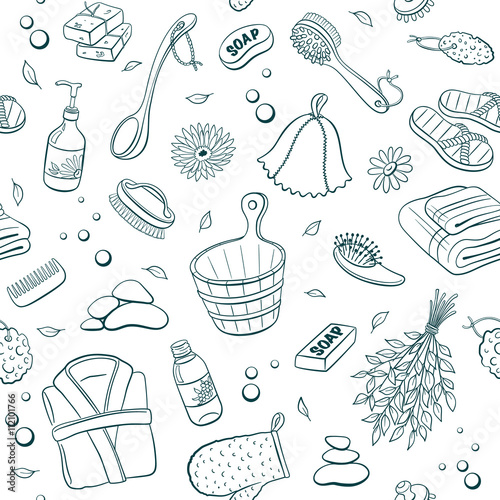 Sauna seamless pattern from sauna accessories sketches. Hand drawn spa items background. Doodle sauna objects isolated on white background. 