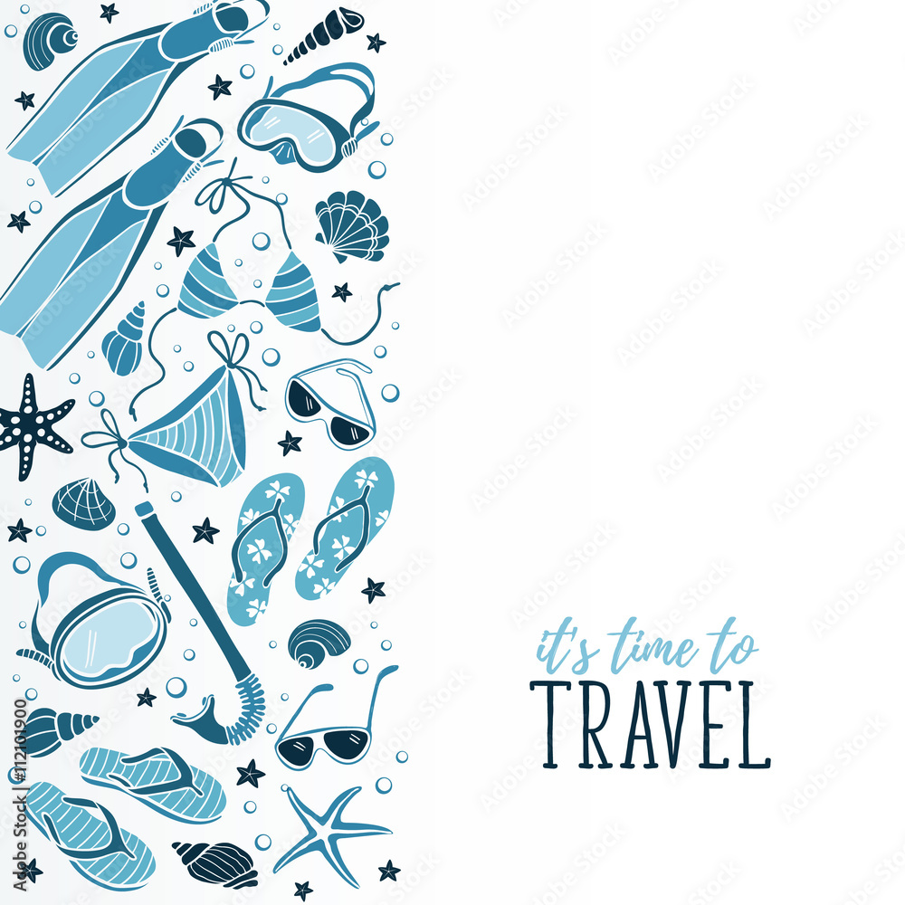Obraz premium Travel time flayer. Illustration of swimsuits, masks, shells, flippers and flip flops. Summer side composition with text. Collection of beach accessories in flat style.