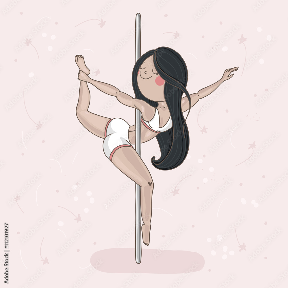 Cute girl performing pole dance on the pink background Stock