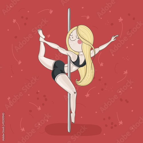 Cute girl performing pole dance. Brigth red background