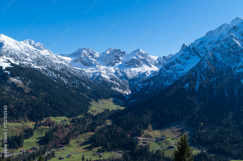 View on an alpine valley in spring, Kleinwalsertal, Austria