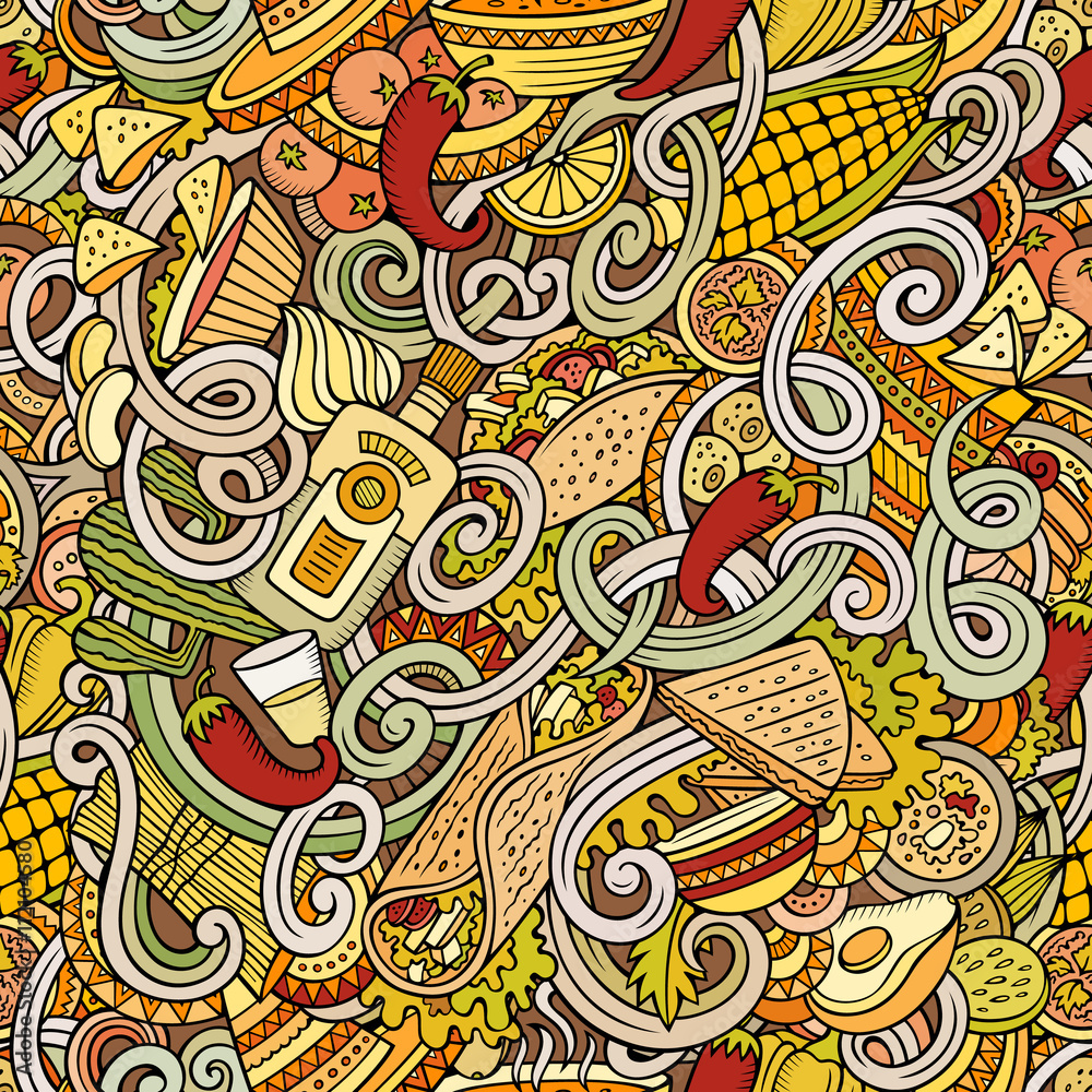 Cartoon mexican food doodles seamless pattern