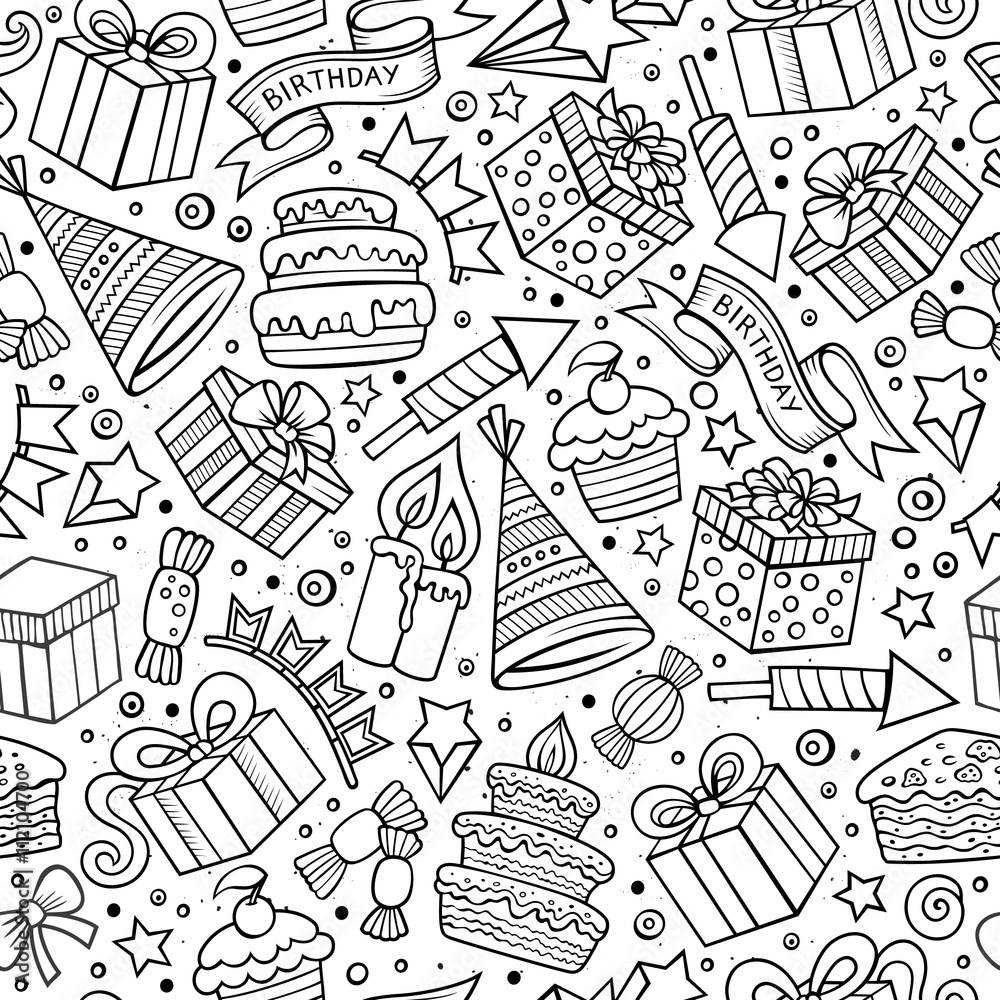 Cartoon hand-drawn doodles birthday theme seamless pattern