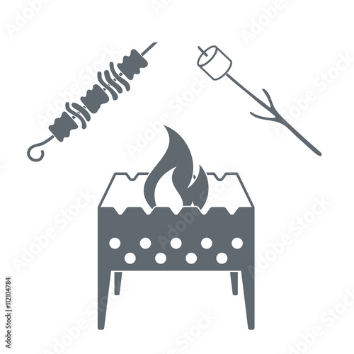 Brazier, marshmellow and kebab icon on a white background. Vect
