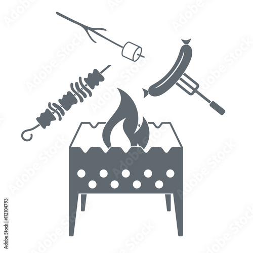 Brazier, marshmellow, kebab and sausage  icon on a white backgro