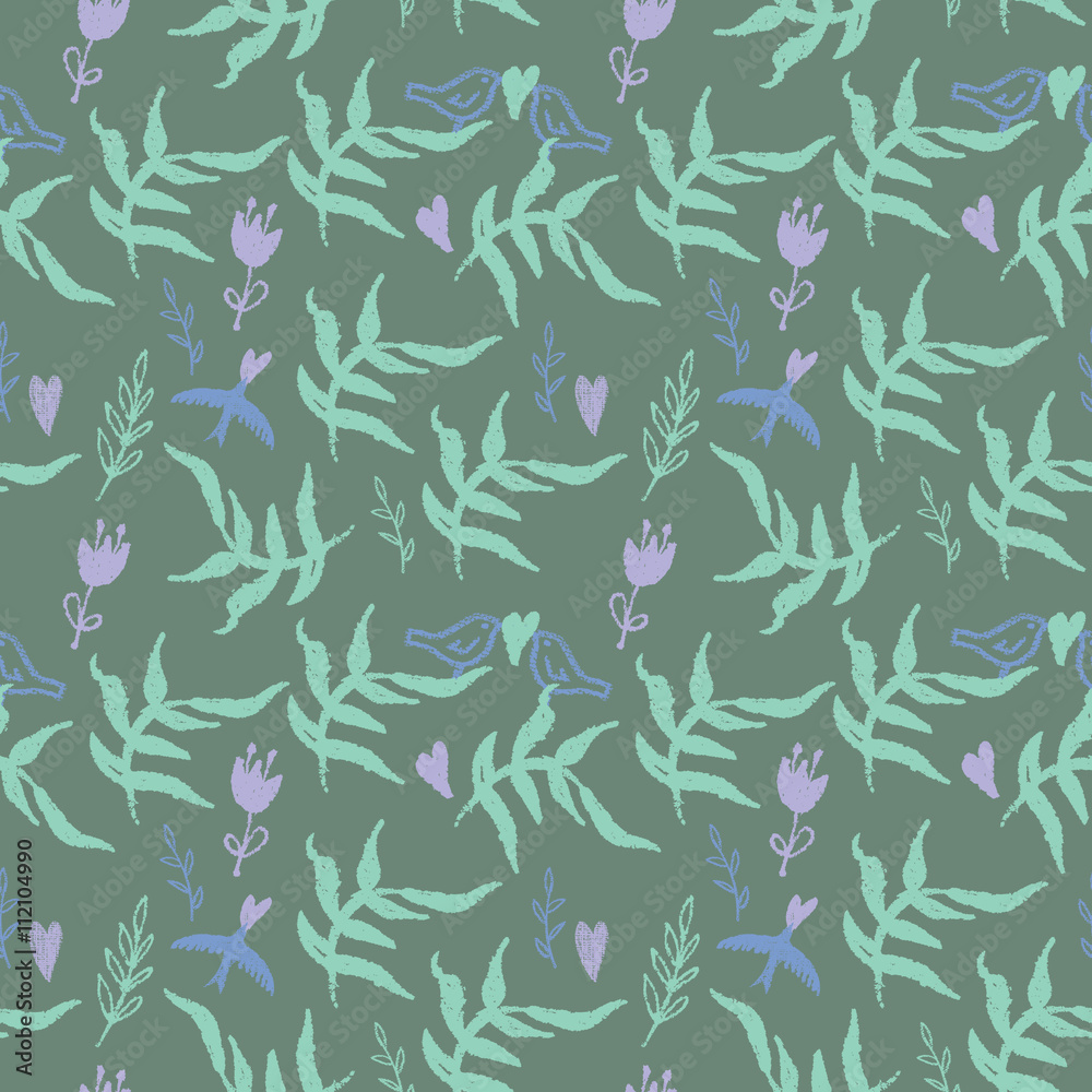 Fototapeta premium Seamless pattern with weed, flowers and birds