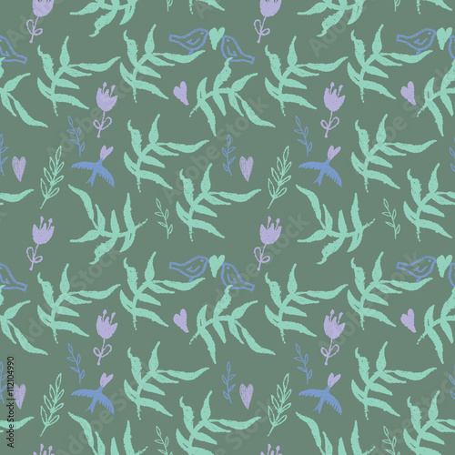 Seamless pattern with weed, flowers and birds