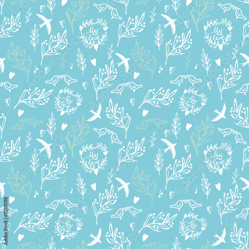 Blue seamless pattern with flowers and birds