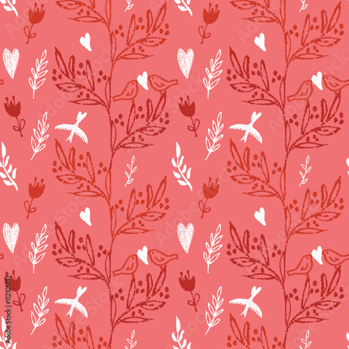 pink seamless pattern with tree and flying birds