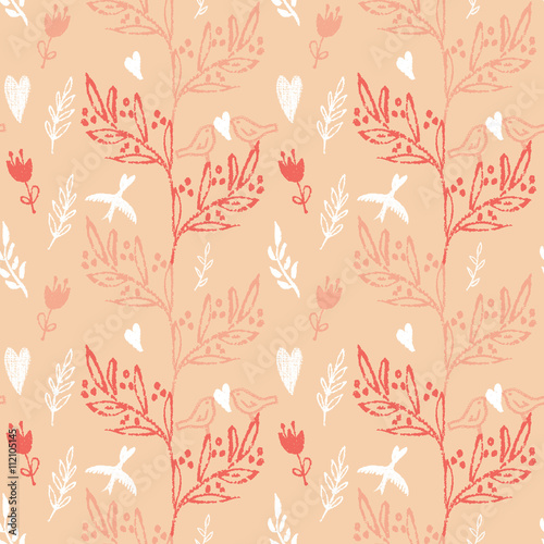 Seamless pattern with tree and flying birds
