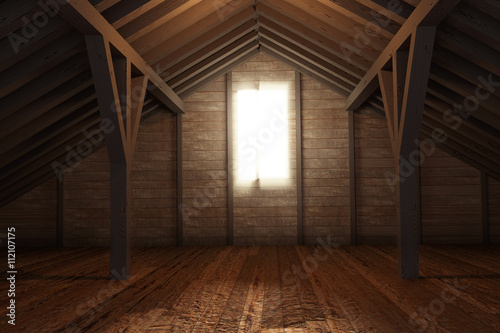 3d rendering of an empty wooden attic room photo