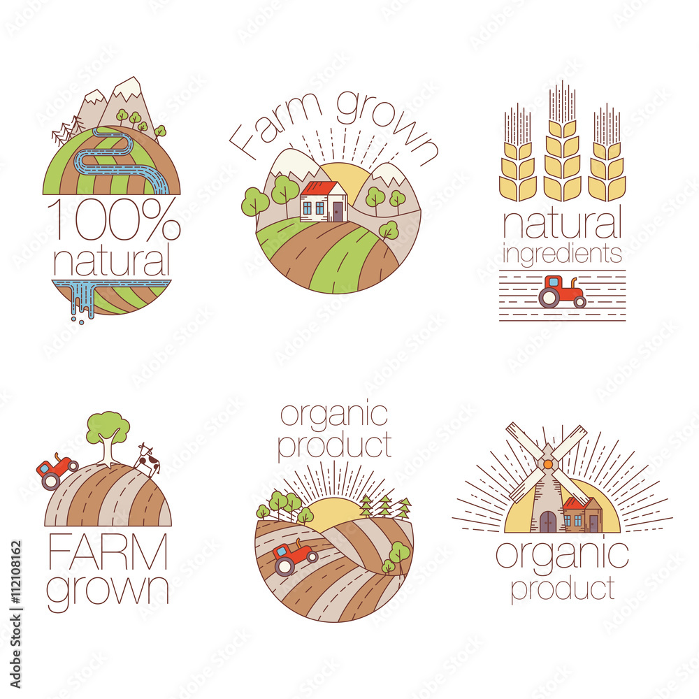 Fototapeta premium Set of outline art elements for labels and badges for organic food and drink. Set of farm logo labels. Organic, bio, ecology, eco natural design template. Vector illustration on white background
