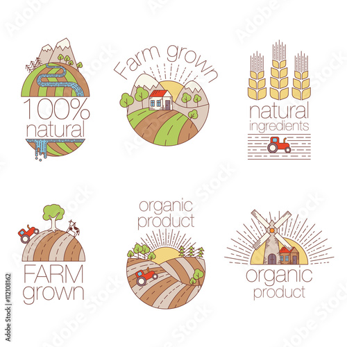 Set of outline art elements for labels and badges for organic food and drink. Set of farm logo labels. Organic, bio, ecology, eco natural design template. Vector illustration on white background