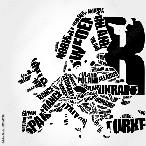 Europe Map in Typography word cloud concept, names of countries