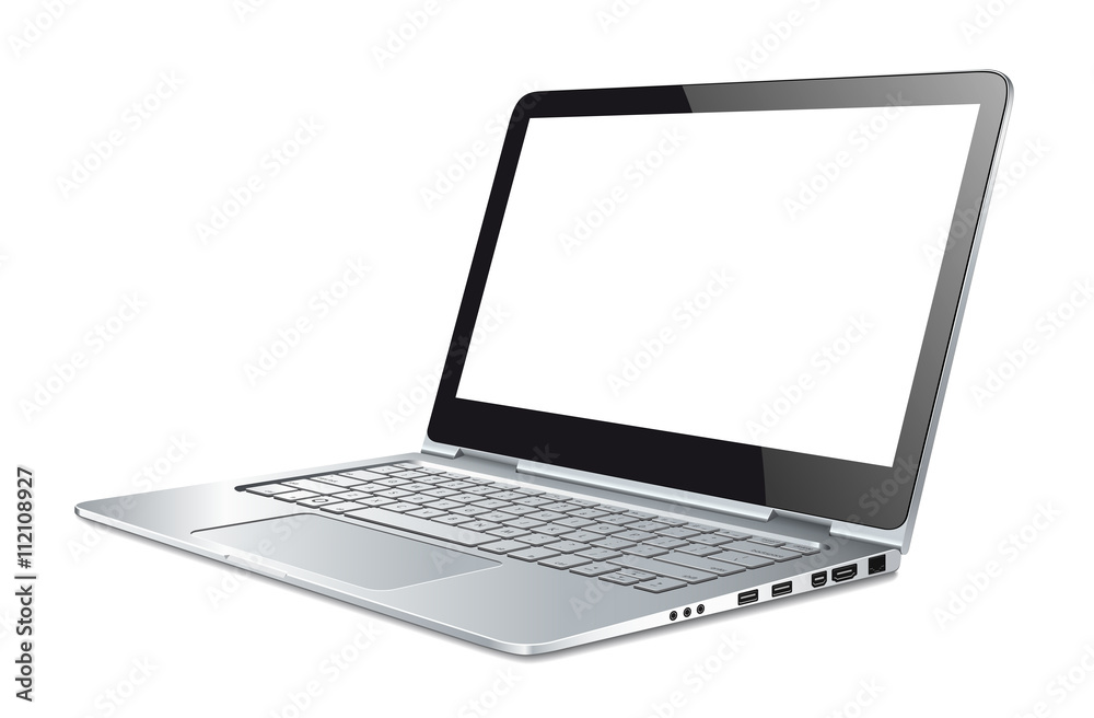 Silver laptop on white background - sideways view
Silver laptop on white background - sideways view