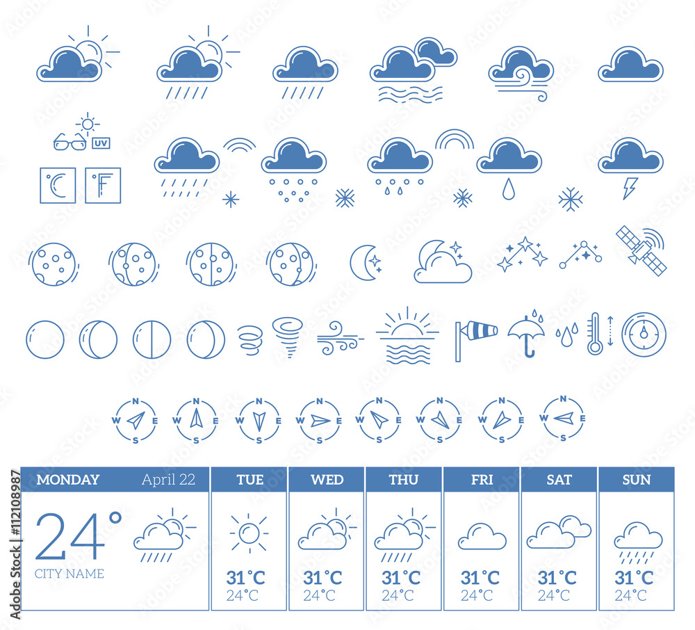 Vector illustration of blue weather theme big icon set with week Vector illustration of blue weather theme big icon set with week