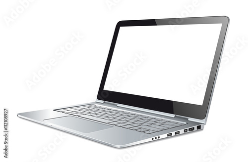 Silver laptop on white background - sideways view 