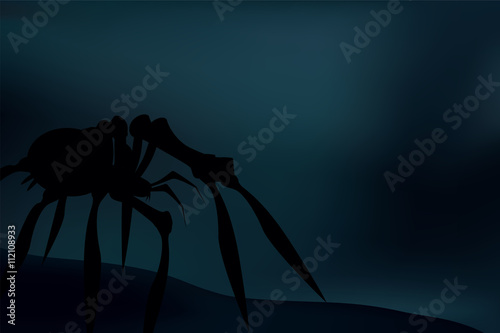 creepy spider silhouette over dark, blue background. Vector