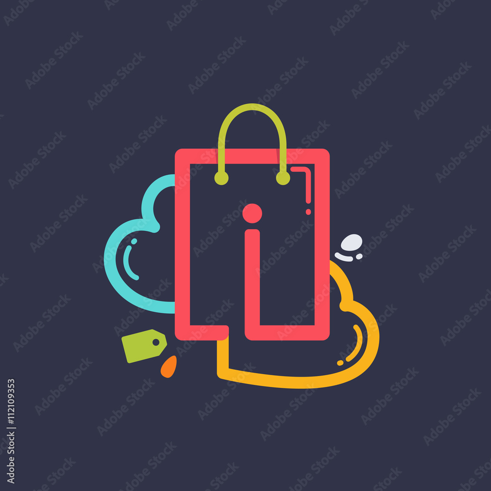 I letter with shopping bag and hearts icon. I letter with shopping bag and hearts icon.