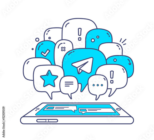 Vector illustration of blue color dialog speech bubbles with ico