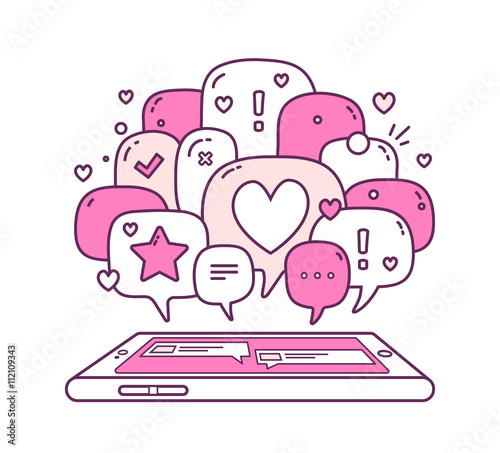 Vector illustration of pink color dialog speech bubbles with ico